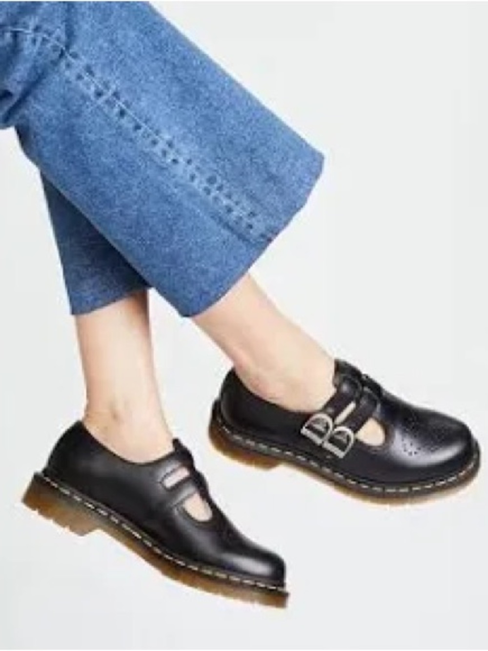 Dr. Martens 12916 Mary Jane Black Smooth Leather Double Buckle Yellow Stitching